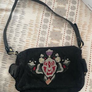 Black Embroidered Suede Crossbody Bag